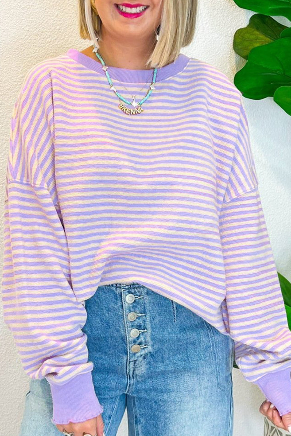 Black Stripe Loose Drop Shoulder Long Sleeve Top