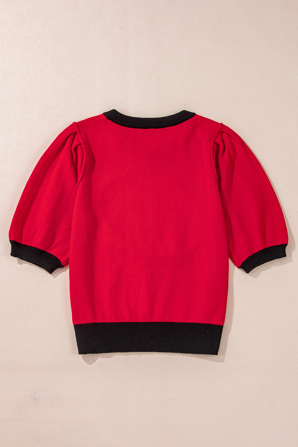 Red Sequin Rugby Color Block Puff Short Sleeve Sweater