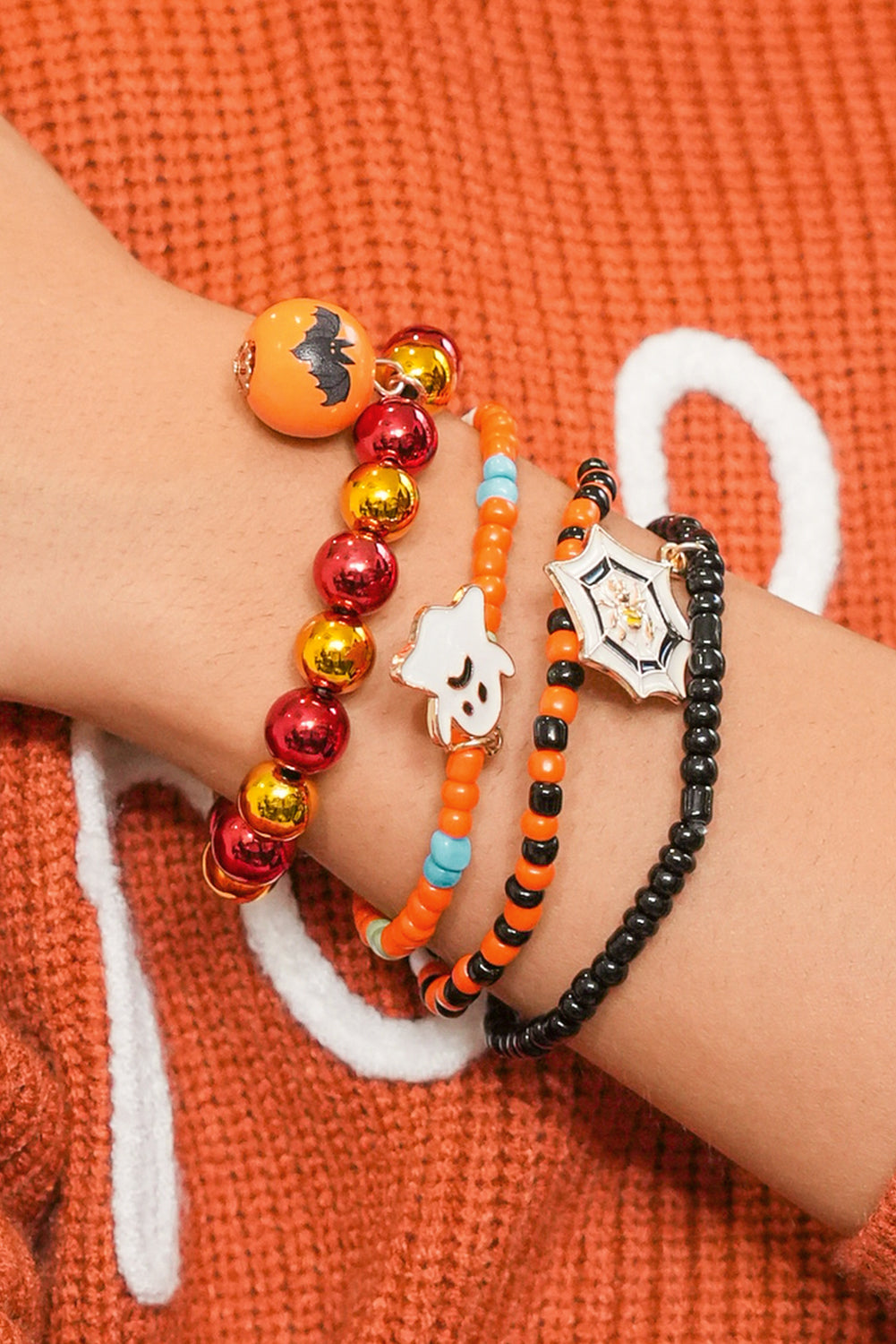 Orange 4pcs Halloween Ghost Spider Web Beaded Bracelet Set